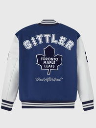 OVO Darryl Sittler Toronto Maple Leafs Varsity Jacket Varsity Jacket unisex detail view 2 | Dash Racegear — Blue OVO 2026 Toronto Maple Leafs Darryl Sittler varsity jacket featuring wool and leather, perfect for casual fan wear.