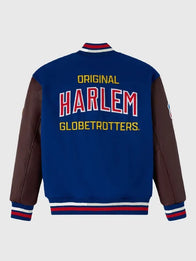 OVO Harlem Globetrotters Varsity Jacket Varsity Jacket unisex detail view 2 | Dash Racegear — OVO Harlem Globetrotters blue & brown varsity jacket with wool body and leather sleeves, perfect for streetwear fans.