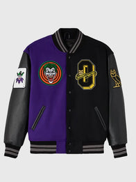 OVO Batman x The Joker Split Varsity Jacket Varsity Jacket unisex front product view | Dash Racegear — Black & purple OVO 2026 Batman x Joker varsity jacket, classic fit and bold design for fans.