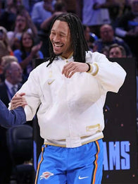 Oklahoma City Thunder 2025 Finals Champions Banner Raising Ceremony Jacket Jacket unisex detail view 6 | Dash Racegear — Nike Oklahoma City Thunder 2025 Finals Champions white jacket in a varsity-inspired look.