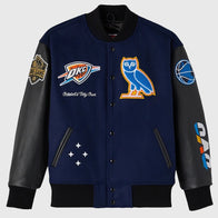 Oklahoma City Thunder OVO x NBA Varsity Jacket Varsity Jacket unisex front product view | Dash Racegear — Stylish Knicks OVO varsity jacket NBA crossover look