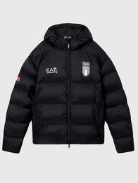 Winter Olympics 2026 Team Italy EA7 Emporio Armani Puffer Jacket Puffer Jacket unisex front product view | Dash Racegear — EA7 Emporio Armani Team Italy Winter Olympics 2026 Black Parachute Puffer Jacket, modern insulated outerwear for athletes…