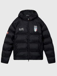 Winter Olympics 2026 Team Italy EA7 Emporio Armani Puffer Jacket Puffer Jacket unisex front product view | Dash Racegear — EA7 Emporio Armani Team Italy Winter Olympics 2026 Black Parachute Puffer Jacket, modern insulated outerwear for athletes…