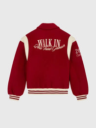 Paris Saint-Germain Walk in Paris Varsity Jacket Varsity Jacket unisex detail view 2 | Dash Racegear — Red Paris Saint‑Germain 2026 Walk in Paris wool varsity jacket with crisp embroidered crest and classic cut.