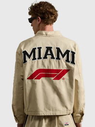 Formula 1 x Pacsun Miami Work Jacket Jacket unisex detail view 4 | Dash Racegear — Tan brown F1 Miami Grand Prix x Pacsun unisex jacket, tough workwear build designed for motorsport culture and urban wear
