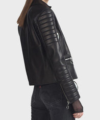 Womens Padded Sleeves Black Motorcycle Jacket Biker Jacket women detail view 2 | Dash Racegear — Womens Black Padded Sleeves Motorcycle Jacket