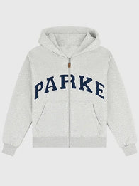 Parke OG Varsity Hoodie Hoodie unisex front product view | Dash Racegear — 2026 Parke grey OG Varsity zip-up fleece hoodie, cozy streetwear layer with classic athletic style.