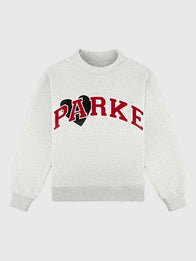 Parke Jean Heart Varsity Mockneck Sweatshirt Sweatshirt unisex detail view 2 | Dash Racegear — Recreation Parke Women’s Valentine’s 2026 Jean Heart Varsity Mockneck Fleece Sweatshirt in grey, soft and cozy for casual wear.