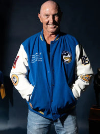 Parramatta Eels 1986 Premiers Varsity Jacket Varsity Jacket unisex front product view | Dash Racegear — Parramatta Eels 1986 Premiers varsity jacket in blue and white, warm wool and leather sleeves.