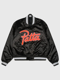 Patta x Nike Satin Bomber Jacket Bomber Jacket unisex front product view | Dash Racegear — Patta x Nike Hyper Crimson Anniversary Edition Black Satin Bomber Jacket
