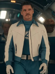 Avengers Doomsday Reed Richards Bomber Jacket Bomber Jacket unisex front product view | Dash Racegear — 2026 Avengers: Doomsday Pedro Pascal Bomber Jacket as Reed Richards Mister Fantastic with White & Blue color blocking