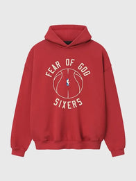 Philadelphia 76ers Fear of God x Barkley L. Hendricks 90’s Hoodie Hoodie unisex front product view | Dash Racegear — Cozy red 76ers hoodie mixing Fear of God street style with Barkley L. Hendricks influence.