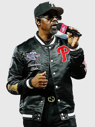 Boyz II Men MLB All-Star Game 2026 Satin Jacket Jacket unisex detail view 4 | Dash Racegear — MLB All-Star Game 2026 Boyz II Men Philadelphia Phillies Satin Varsity Jacket in Black with premium comfort and timeless varsity style.