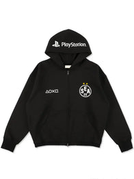 Playstation x WDS Team Zip Hoodie Hoodie unisex front product view | Dash Racegear — PlayStation x Wind and Sea black zip-up hoodie, featuring modern design and versatile style for city or gaming adventures.