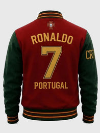 Ronaldo Portugal Varsity Jacket Varsity Jacket unisex detail view 3 | Dash Racegear — Cristiano Ronaldo Portugal varsity jacket blending iconic red and green colors with modern casual appeal.