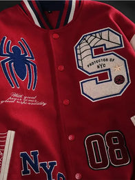 Protector Of NYC Red and Sand Letterman Jacket Jacket unisex detail view 3 | Dash Racegear — Red and sand varsity jacket designed for relaxed comfort and timeless streetwear-inspired everyday appeal.