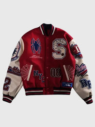 Protector Of NYC Red and Sand Letterman Jacket Jacket unisex front product view | Dash Racegear — Protector Of NYC letterman jacket blending classic varsity aesthetics with premium everyday wearability and bold color contrast.