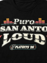 Puro San Anto Loud Playoffs T-Shirt Shirt unisex detail view 3 | Dash Racegear — Black unisex Puro San Anto Loud 2026 NBA Playoffs T-shirt, comfortable street-ready outfit for basketball fans
