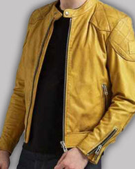 Mens Quilted Design Cafe Racer Yellow Leather Jacket Leather Jacket men detail view 2 | Dash Racegear — Mens Quilted Design Cafe Racer Yellow Jacket