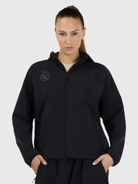 Womens Adidas Real Madrid Z.N.E. Woven Track Jacket Jacket unisex detail view 3 | Dash Racegear — Adidas Real Madrid 2026 black women’s track jacket, Urban Z.N.E. woven style for casual streetwear.