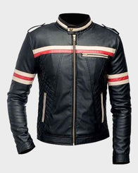 Red And White Striped Mens Black Biker Jacket Biker Jacket men front product view | Dash Racegear — Mens Red And White Striped Black Biker Leather Jacket