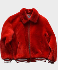 Red Fur Sheep Bomber Jacket Bomber Jacket unisex front product view | Dash Racegear — Red Winter Shearling Varsity Jacket