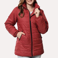 Womens Red Puffer Jacket Puffer Jacket women front product view | Dash Racegear — Red Puffer Hooded Jacket