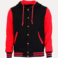 Womens Red and Black Hooded Varsity Jacket Varsity Jacket women front product view | Dash Racegear — Womens Red and Black Hooded Varsity Jacket