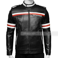Red And White Striped Mens Black Biker Jacket Biker Jacket men detail view 2 | Dash Racegear — Red And White Striped Mens Black Biker Jacket