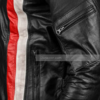 Mens Red & White Striped Black Leather Jacket Leather Jacket men detail view 2 | Dash Racegear — Cafe racer red and white striped leather jacket