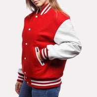 Womens Red and White Leather Sleeves Varsity Jacket Varsity Jacket women detail view 2 | Dash Racegear — Red and White Leather Sleeves Varsity Jacket