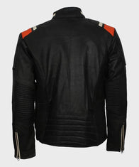 Mens Cafe Racer Striped Black Retro Biker Jacket Biker Jacket men detail view 3 | Dash Racegear — Mens Cafe Racer Retro Black Leather Motorcycle Jacket