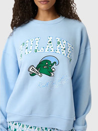 Tulane Greenwave Andie Crewneck Sweatshirt Sweatshirt unisex front product view | Dash Racegear — Rollar Rabbit Andie Tulane Greenwave blue sweatshirt, fleece crewneck pullover made for fans, travel, and casual comfort