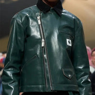 Sacai x Carhartt Leather Jacket Leather Jacket unisex front product view | Dash Racegear — Sacai x Carhartt leather jacket blending workwear and luxury design