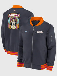 San Diego Padres 2026 City Connect Bomber Jacket Bomber Jacket unisex front product view | Dash Racegear — San Diego Padres 2026 Nike City Connect bomber in black & orange, zip-up jacket for stylish game-day comfort.