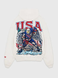 Sana Detroit Free Bird V2 Hoodie Hoodie unisex front product view | Dash Racegear — Off‑white Sana Detroit 2026 Free Bird V2 pullover fleece hoodie with bold graphic and relaxed unisex fit.