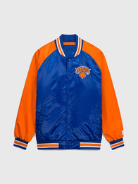 New York Knicks Starter Inductee Varsity Jacket Varsity Jacket unisex detail view 3 | Dash Racegear — Starter Inductee New York Knicks Satin Blue Orange Raglan Full Snap Varsity Jacket celebrating iconic hardwood culture