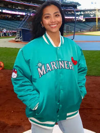 Mariners Hello Kitty Jacket Jacket unisex detail view 3 | Dash Racegear — Seattle Mariners Hello Kitty green jacket, built by Michelle Villafuerte for playful streetwear.