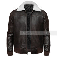 Mens Shearling Collar Brown Bomber Jacket Bomber Jacket men front product view | Dash Racegear — Shearling bomber mens leather jacket