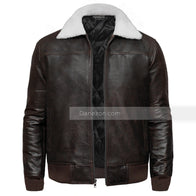 Mens Shearling Collar Brown Bomber Jacket Bomber Jacket men front product view | Dash Racegear — Shearling bomber mens leather jacket