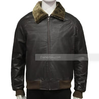 Mens Faux Fur Collar Black Bomber Jacket Bomber Jacket men front product view | Dash Racegear — Shearling Collar Bomber Leather Jacket