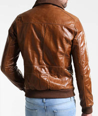 Mens Bomber Shining Brown Leather Jacket Bomber Jacket men detail view 4 | Dash Racegear — Mens Biker Shining Brown Bomber Leather Jacket