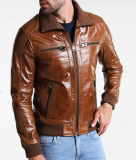 Mens Bomber Shining Brown Leather Jacket Bomber Jacket men front product view | Dash Racegear — Shining Brown Leather Mens Bomber Jacket