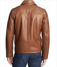 Mens Shirt Collar Brown Leather Jacket Leather Jacket men detail view 2 | Dash Racegear — Shirt Collar Brown Leather Jacket Mens