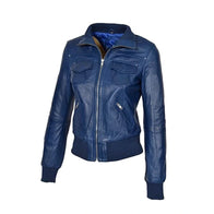Women’s Blue Bomber Leather Jacket Bomber Jacket women detail view 3 | Dash Racegear — Bomber Blue Leather Jacket