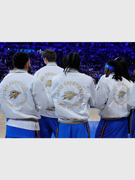 Oklahoma City Thunder 2025 Finals Champions Banner Raising Ceremony Jacket Jacket unisex detail view 11 | Dash Racegear — White Nike Showtime jacket with button closure celebrating the Thunder’s 2025 Finals win.