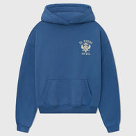 St. Rhude Seal Pullover Hoodie Hoodie unisex detail view 3 | Dash Racegear — St. Rhude Hotel Seal 2025 royal blue fleece pullover hoodie front view.