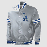 Los Angeles Dodgers Slider Gray Satin Jacket Jacket unisex front product view | Dash Racegear — LA Dodgers Slider Jacket – Gray Satin Classic