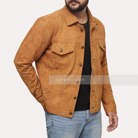 Mens Shirt Style Brown Suede Leather Jacket Leather Jacket men front product view | Dash Racegear — Mens suede leather brown jacket