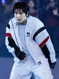 BTS Min Yoongi Arirang World Tour Stanford Stadium Jacket Jacket unisex front product view | Dash Racegear — BTS Suga 2026 Arirang World Tour Nahmias White Jacket Men & Women featuring clean white finish and soft premium feel.